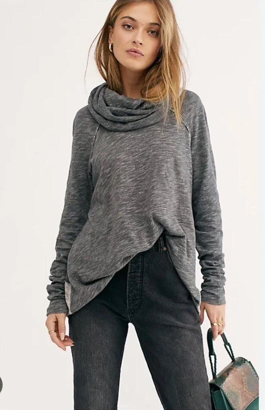 Free People Beach Gray Cotton Cocoon Cowlneck Top Loungewear Women's One Size